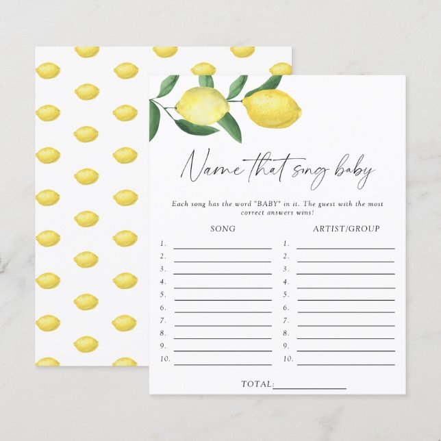 Papier Citrons - Nommez cette chanson jeu de baby shower (Devant / Derrière)