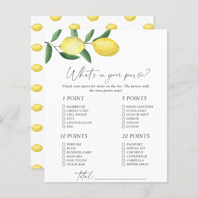 Papier Citrons - Qu'y a-t-il dans votre sac à main (Devant / Derrière)