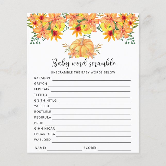 Papier Citrouille - Bébé Word Scramble | Jeu Baby shower (Devant)