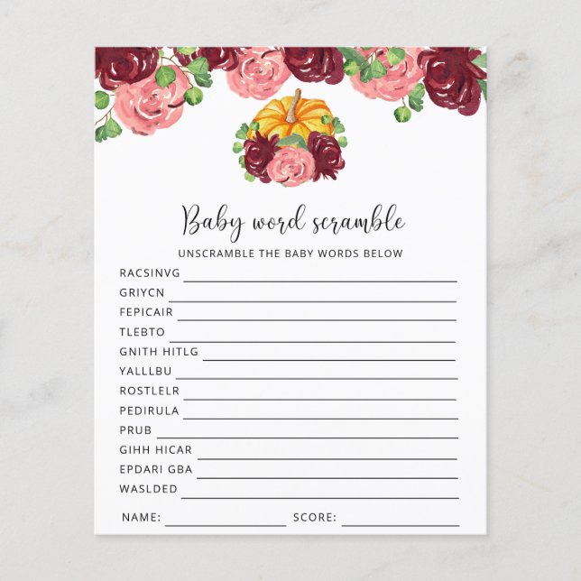 Papier Citrouille - Bébé Word Scramble | Jeu Baby shower (Devant)