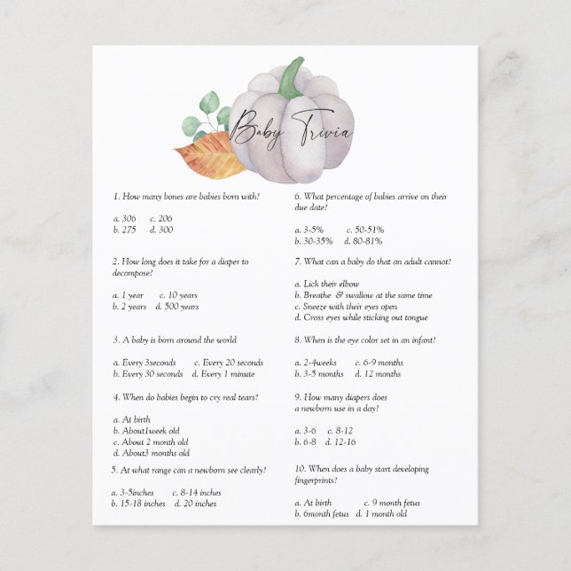 Papier Citrouille blanc - Bébé Trivia | Jeu Baby shower (Devant)