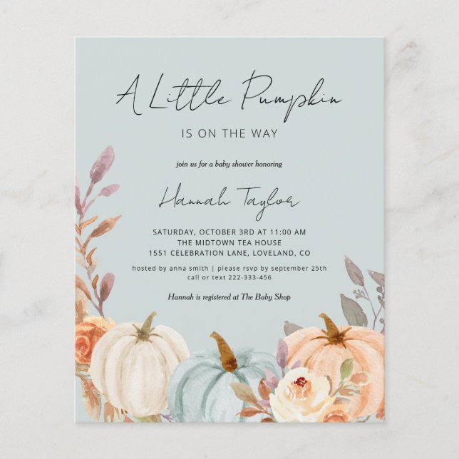Papier Citrouille bleu Budget Baby shower d'automne Invit (Devant)