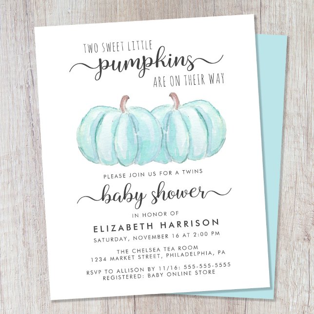 Papier Citrouille Blue Twin Baby Boys Shower Invitation (Celebrate the upcoming arrival of your autumn twin baby boys with a pumpkin-themed baby shower)