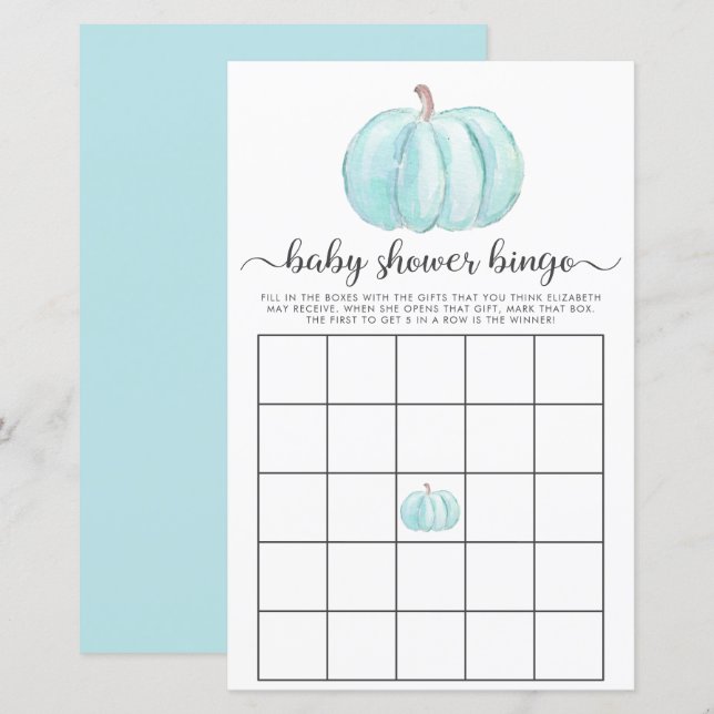 Papier Citrouille Blue Watercolor Baby shower de Bingo (Devant / Derrière)