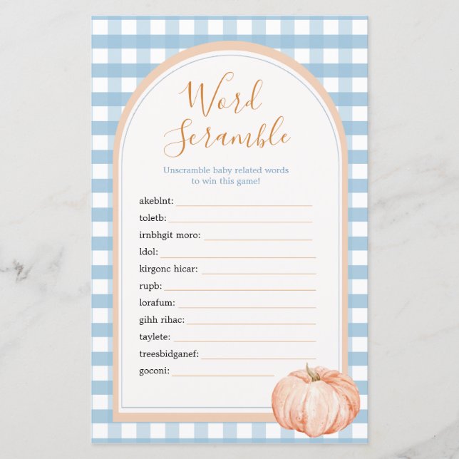 Papier Citrouille Boho Blue En vichy Word Scramble Jeu (Devant)