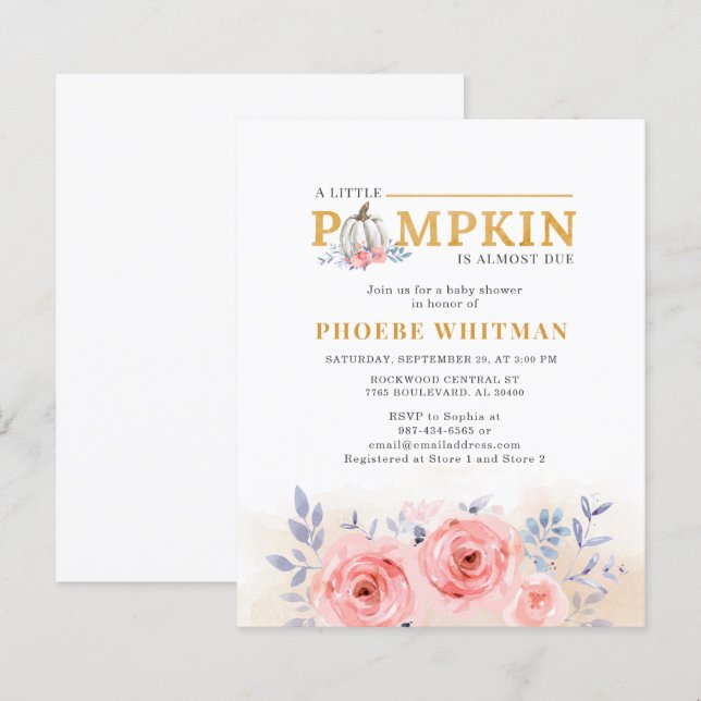 Papier Citrouille Budget Baby shower rose Roses Invitatio (Devant / Derrière)