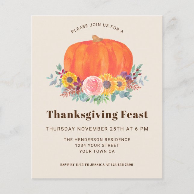 Papier Citrouille Budget Thanksgiving Diner Invitation (Devant)
