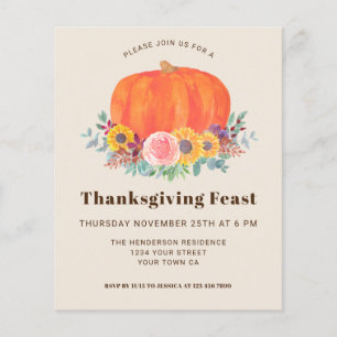 Papier Citrouille Budget Thanksgiving Diner Invitation