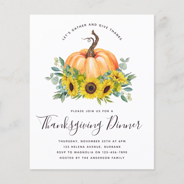 Papier Citrouille Budget Thanksgiving Diner Invitation (Devant)