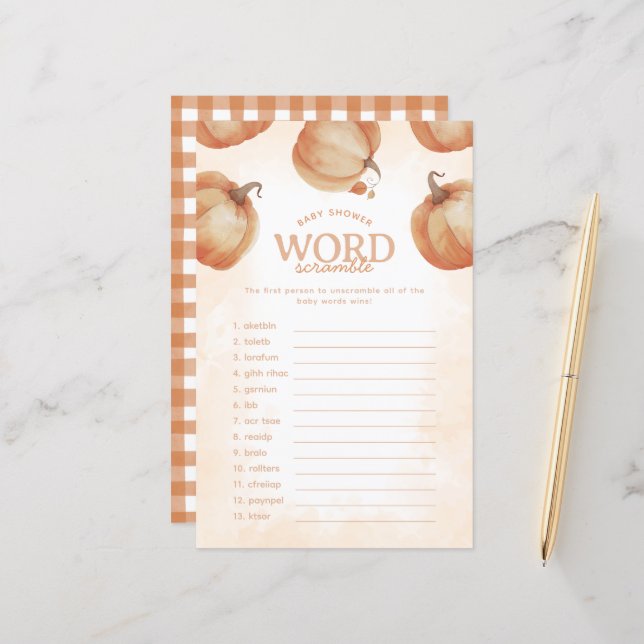 Papier Citrouille d'automne Baby shower Word Scramble Jeu (Devant/Arrière en situation)