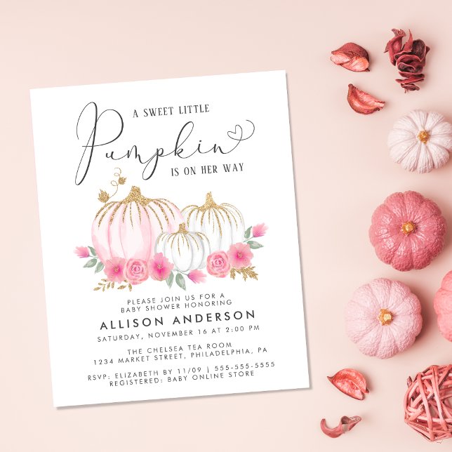 Papier Citrouille Floral Aquarelle bébé fille douche Invi (Celebrate the upcoming arrival of your sweet autumn baby girl with a pumpkin-themed baby shower)