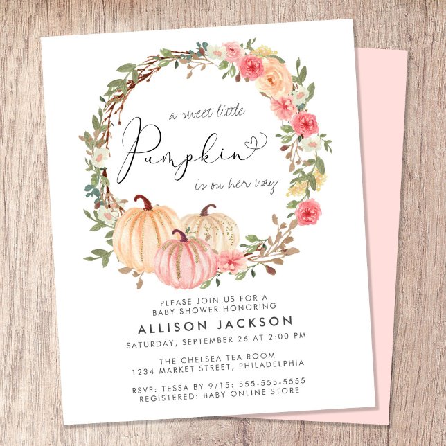Papier Citrouille Floral Aquarelle fille Baby shower Invi (Celebrate the upcoming arrival of your sweet little autumn baby with a pumpkin-themed baby shower)