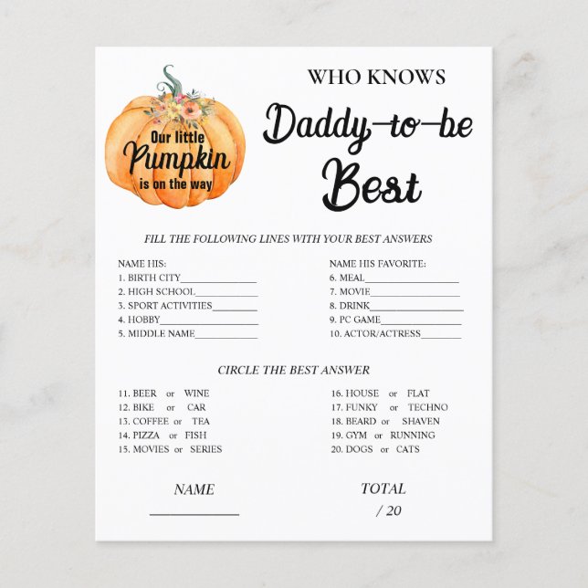 Papier Citrouille Qui connaît Daddy Baby shower Jeu (Devant)