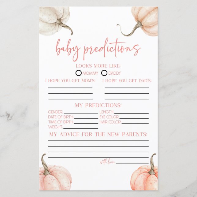 Papier Citrouille rose Automne Baby shower de prédictions (Devant)
