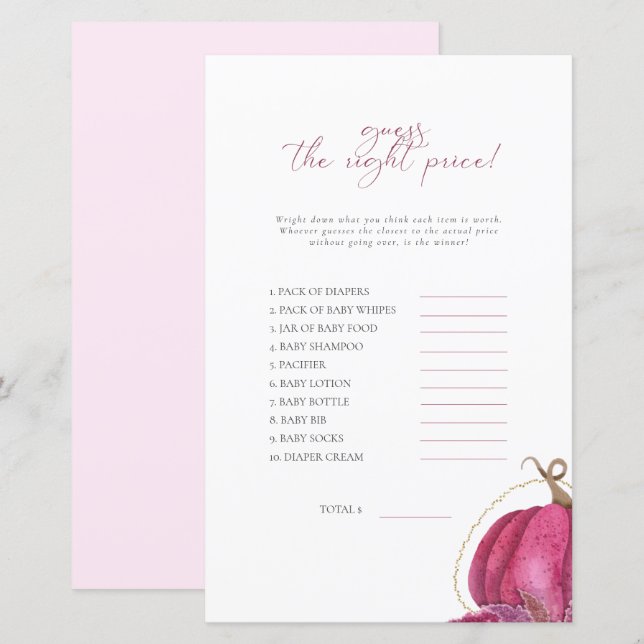 Papier Citrouille Rose Devine Le Baby shower De Prix Jeu (Devant / Derrière)