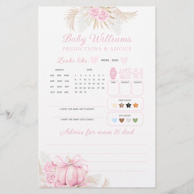 Papier Citrouille rose fille Floral Bow Baby shower jeu (Devant)