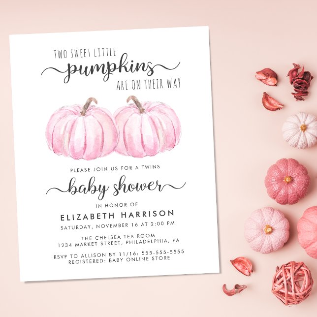 Papier Citrouille Rose Twin Baby Girls Douche Invitation (Celebrate the upcoming arrival of your autumn twin baby girls with a pumpkin-themed baby shower)