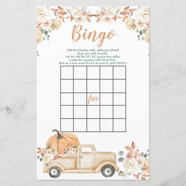 Papier Citrouille Rustic Truck Baby shower Bingo Jeu (Devant)