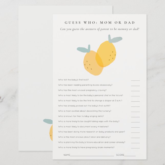Papier Citrus Citrus Baby shower Devinez Qui maman ou pap (Devant / Derrière)