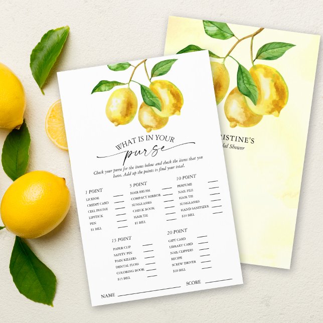 Papier Citrus Citrus Fête des mariées Jeu de bourse (This "What is in you purse" bridal shower game is both entertaining and stylish with citrus lemons.)