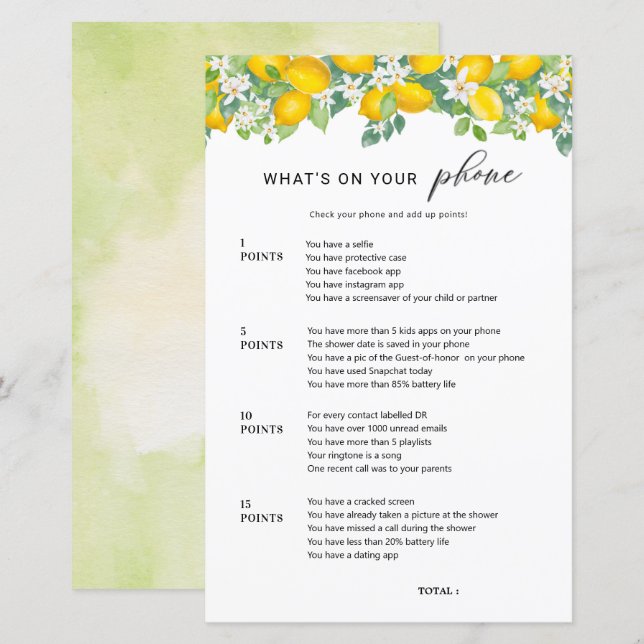 Papier Citrus Lemon What's On Your Phone Jeu de Mariage (Devant / Derrière)