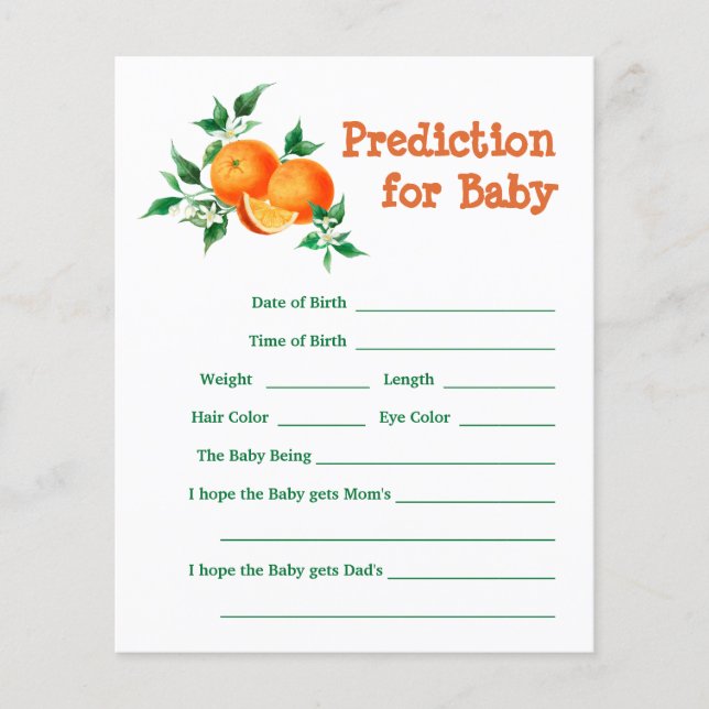 Papier Citrus Little Cutie Baby shower de prédiction Jeu (Devant)