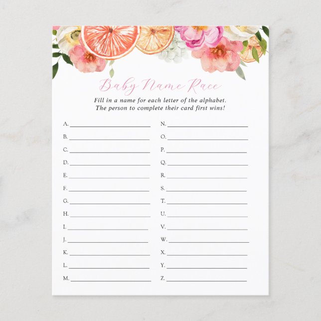Papier Citrus rose Nom du bébé Race Shower Jeu (Devant)