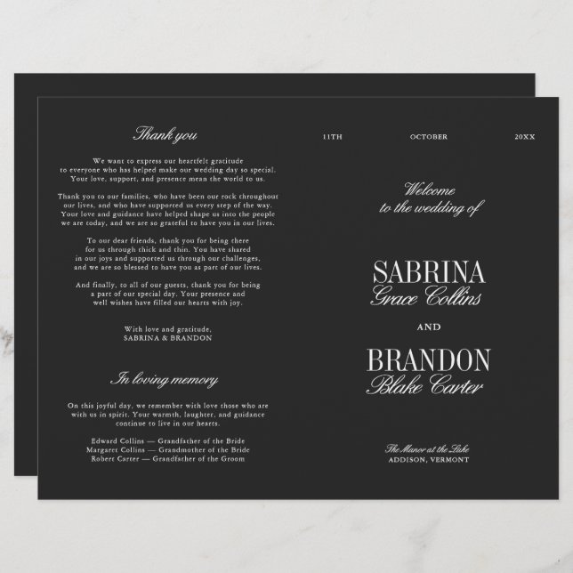 Papier Classic Black & White Modern Wedding Program (Devant / Derrière)