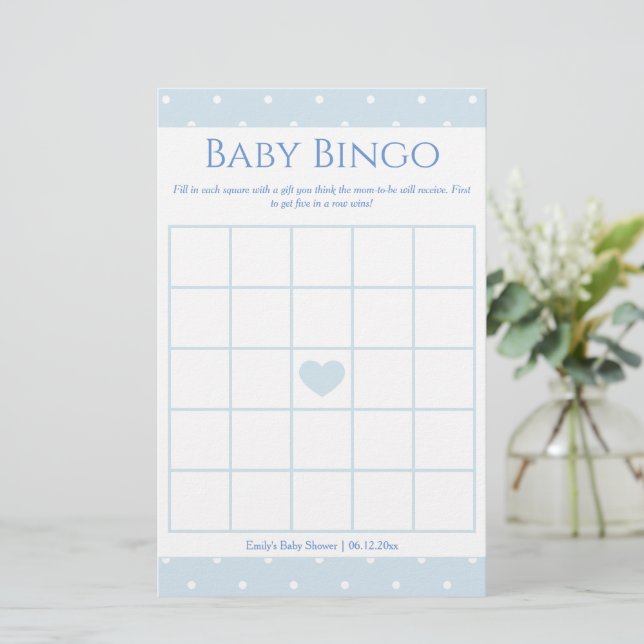 Papier Classic Blue Pois Baby shower de garçon Bingo Jeu (Debout devant)