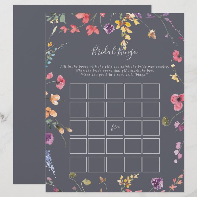 Papier Classic Blue Wild Floral Bridal Jeu de Bingo (Devant / Derrière)