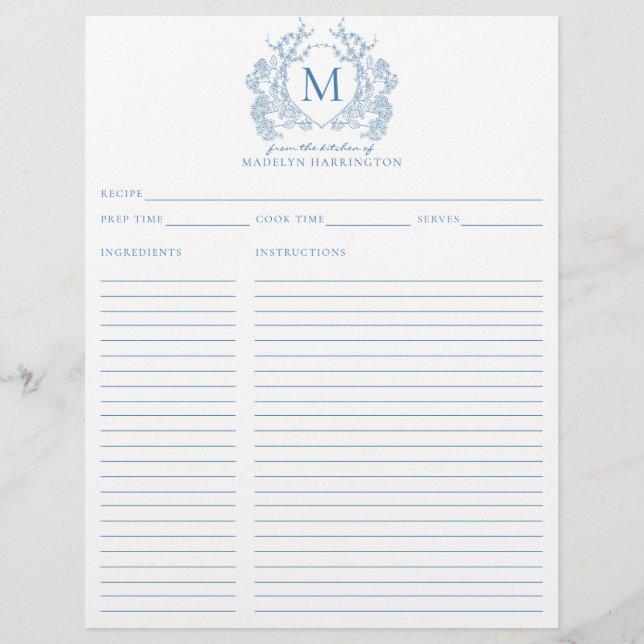 Papier Classique Français Bleu Cimier Floral Monogramme R (Devant)