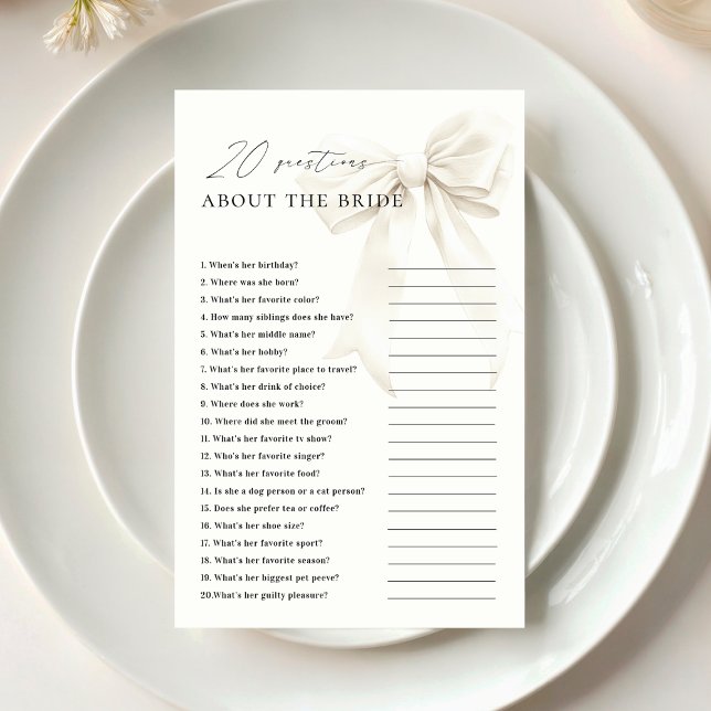 Papier Classy White Bow 20 Questions sur le jeu de mariée (Créateur téléchargé)