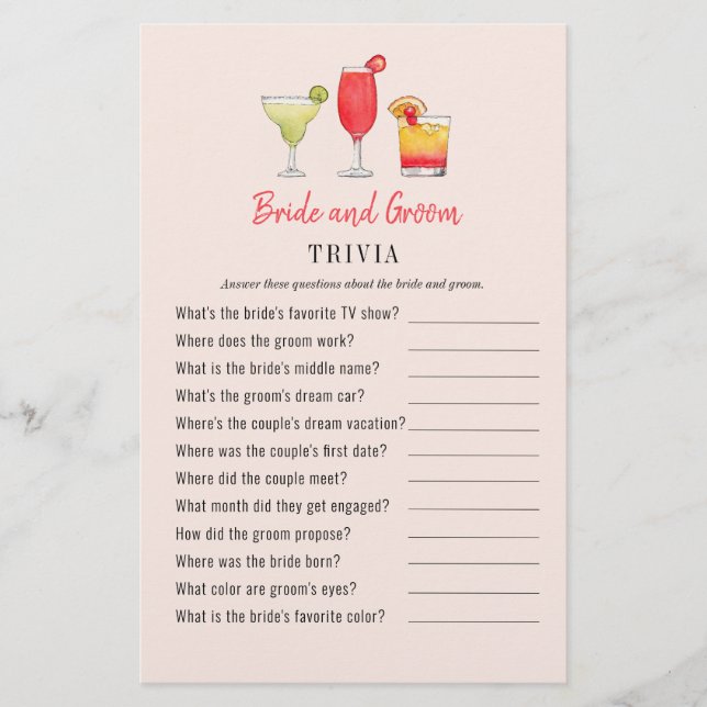 Papier Cocktail Bride et douche de chambre Trivia jeux (Devant)