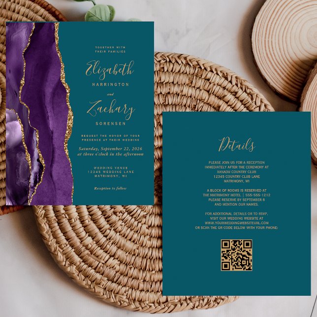 Papier Code QR Budget Mariage Violet Or Agate Sarcelle (Créateur téléchargé)
