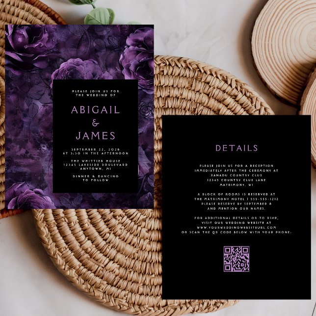 Papier Code QR Fleurs Violettes Sombres Mariage Budget (Créateur téléchargé)
