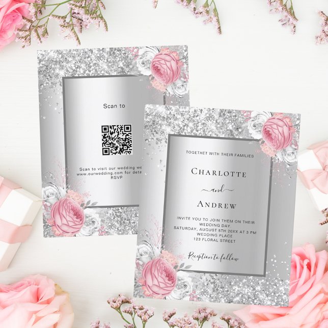 Papier Code QR floral rose argenté RSVP faire-part de mar (Créateur téléchargé)
