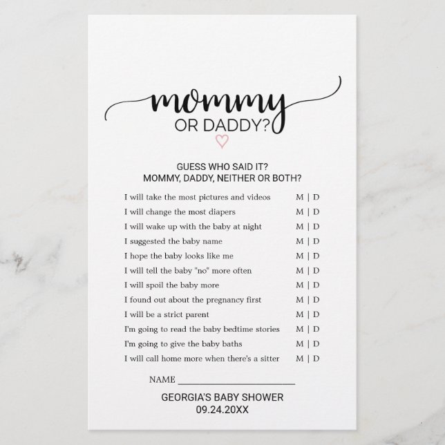 Papier Coeur rose | Black Calligraphy Mommy or Daddy Game (Devant)