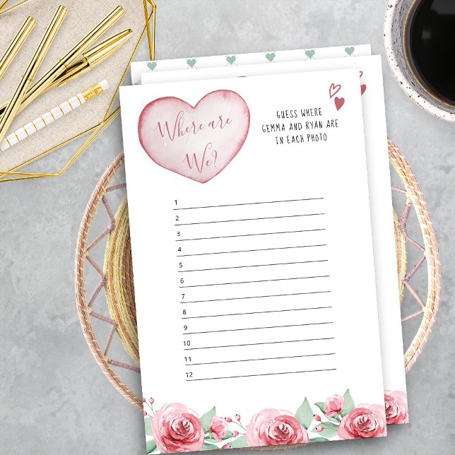 Papier Coeurs Roses Où sommes-nous ? Jeu Fête des mariées (Where Are We? Bridal Shower Photo Guessing Game Answer Sheet)
