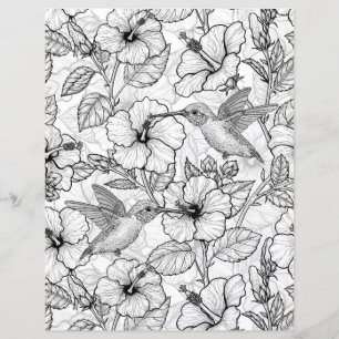 Papier Colibris et fleurs d'hibiscus b&w