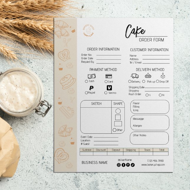 Papier Commander Formulaire Boulangerie Petit Mariage d'e (Order Form Bakery Small Business Wedding Cake)