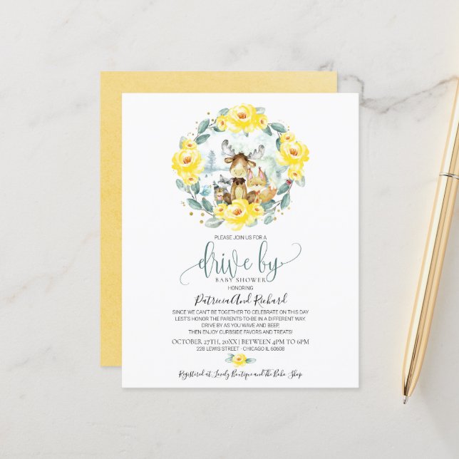 Papier Conduite Woodland Par Baby shower Budget Invitatio (Devant/Arrière en situation)