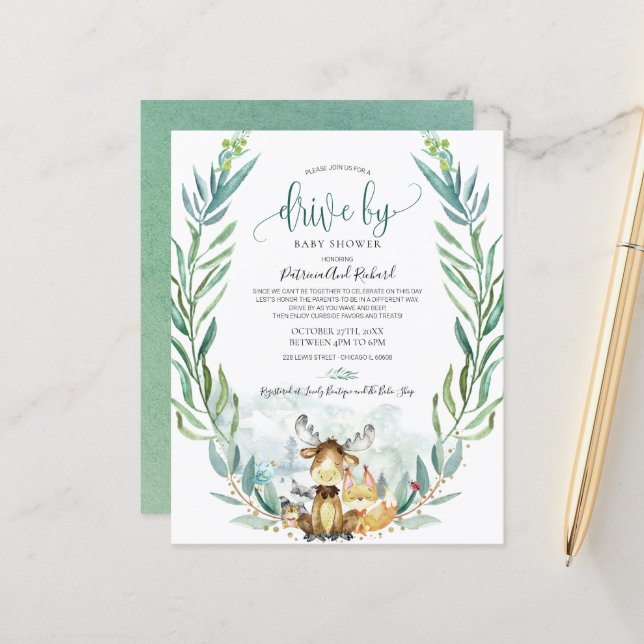 Papier Conduite Woodland Par Baby shower Budget Invitatio (Devant/Arrière en situation)