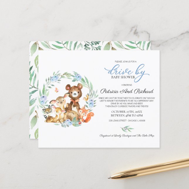 Papier Conduite Woodland Par Baby shower Budget Invitatio (Devant/Arrière en situation)