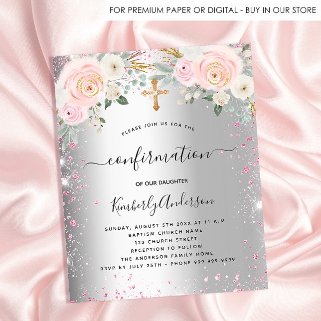Papier Confirmation fille argent rose floral invitation (Créateur téléchargé)