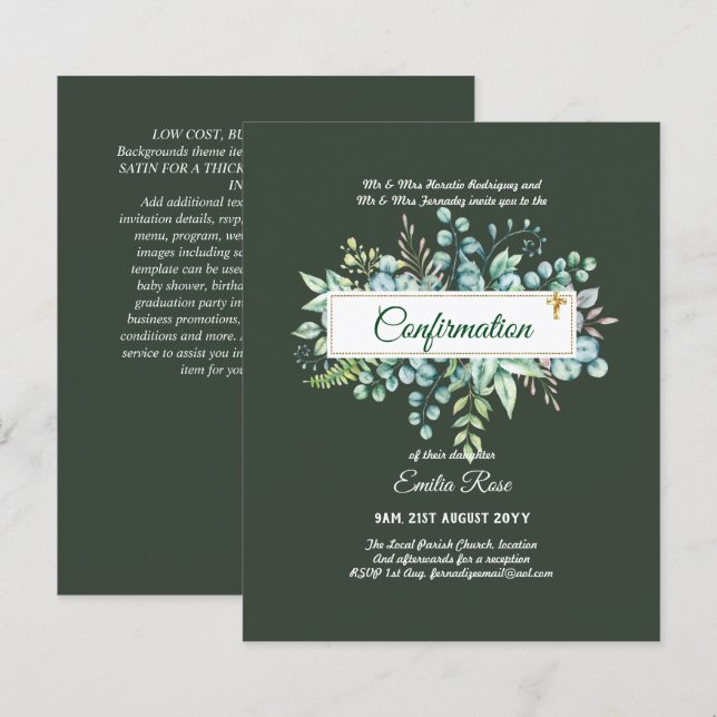 Papier CONFIRMATION VERDOYÈRE Invitation Moderne Double f (Devant / Derrière)
