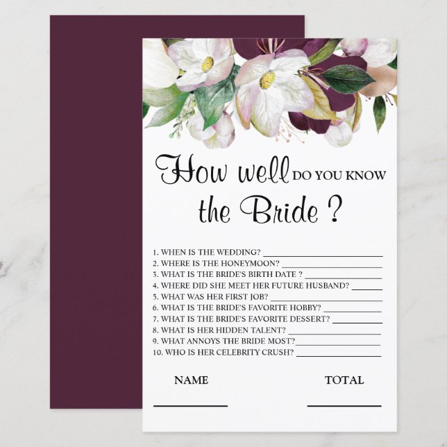 Papier Connaissez bien le jeu de la mariée Floral (Devant / Derrière)