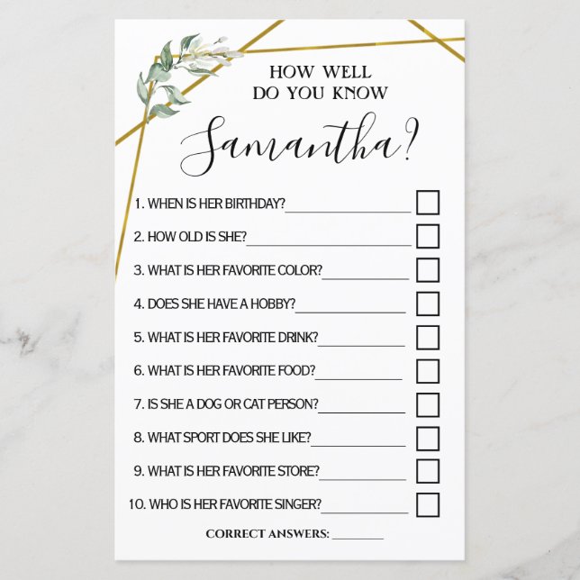 Papier Connaissez-vous bien le jeu de douche nuptiale bil (Devant)