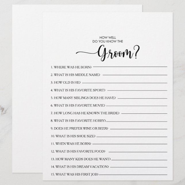 Papier Connaissez-vous bien le jeu de Fête des mariées Gr (Devant / Derrière)