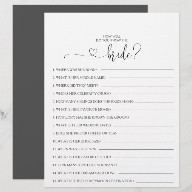 Papier Connaissez-vous bien le jeu de la Fête des mariées (Devant / Derrière)