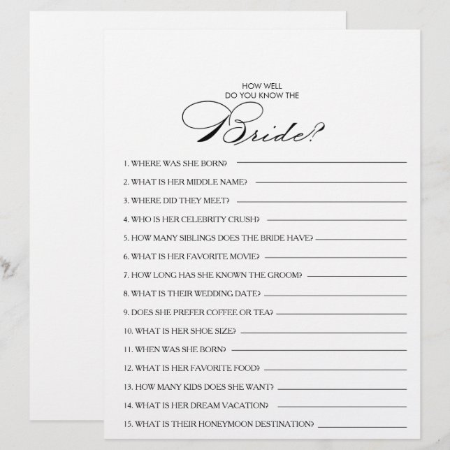 Papier Connaissez-vous bien le jeu de la Fête des mariées (Devant / Derrière)